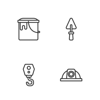 Hat çizgisi güvenlik kaskı Crane kancası boya kovası ve mala simgesi. Vektör.