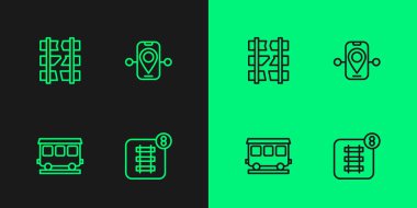 Online bilet rezervasyonu Yolcu vagonlarında kırık ya da kırık demiryolu ve güzergah ikonu var. Vektör.