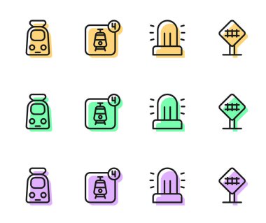 Flasher Siren Treni ve Demiryolu Online bilet rezervasyonunu ve Demiryolu geçiş ikonunu ayarlayın. Vektör.