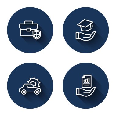 Kalkan Eğitimi, araç sigortası ve uzun gölgeli sözleşmeli el çantası. Mavi daire düğmesi. Vektör.