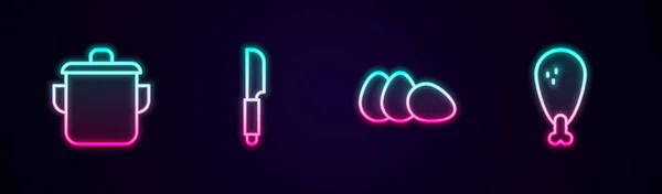 设置线烹饪锅刀鸡蛋和腿 发光的霓虹灯图标 — 图库矢量图片