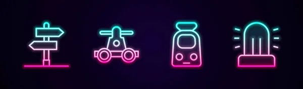 设置线公路交通标志手推车运输火车铁路和Flasher警笛 发光的霓虹灯图标 — 图库矢量图片