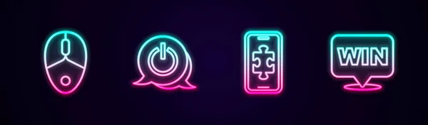 设置线鼠标 电源按钮 手机游戏和奖章 发光的霓虹灯图标 — 图库矢量图片