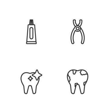 Diş macunu ve diş pensesi ikonundan oluşan kırık diş beyazlatma tüpünü ayarla. Vektör.