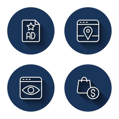 Şehir haritası, kişisel bilgi toplama, alışveriş torbası ve uzun gölgeli dolar reklamlarını ayarla. Mavi daire düğmesi. Vektör.