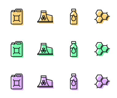 Benzin, nükleer enerji santrali ve molekül yağı ikonu için petrol test tüpü hazırlayın. Vektör.