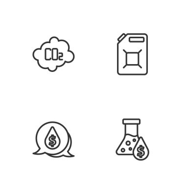 Petrol test tüpünü dolar sembolü CO2 emisyonlarıyla gaz ikonu için bulut ve teneke kutuya yerleştir. Vektör.