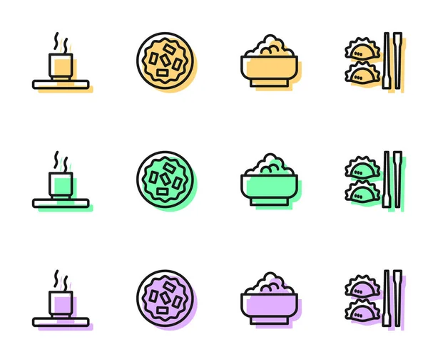 将排成行的米饭放在碗里 一杯茶 自制的派和用筷子图标的饺子 — 图库矢量图片