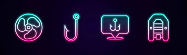 设置鱼线外船用马达 钓钩和充气装置 发光的霓虹灯图标 — 图库矢量图片