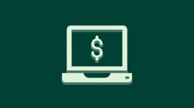Yeşil arka planda dolar simgesi olan beyaz dizüstü bilgisayar. Dünyanın her yerine para göndermek, para transferi, online bankacılık, finansal işlemler. 4K Video hareketli grafik canlandırması.