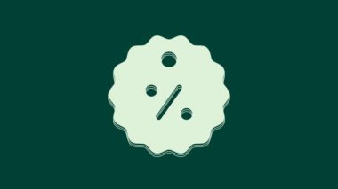 Yeşil arkaplanda beyaz indirimli etiket simgesi izole edildi. Etiket alışverişi. Özel teklif işareti. İndirim kuponları sembolü. 4K Video hareketli grafik canlandırması.