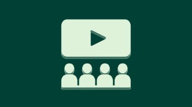 Yeşil arka planda ekran simgesi olan Beyaz Sinema salonu. 4K Video hareketli grafik canlandırması.
