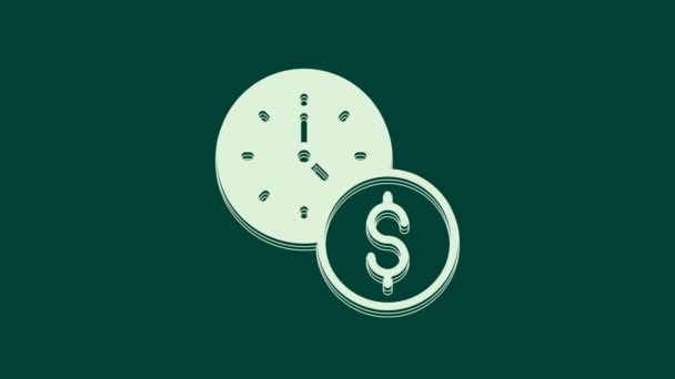 ホワイトタイムは 緑の背景に隔離されたお金のアイコンです 金は時間だ 効果的な時間管理 時間をお金に変換します 4Kビデオモーショングラフィックアニメーション — ストック動画