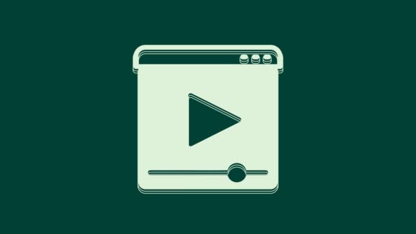 ホワイトオンライン再生ビデオアイコンは緑の背景に隔離されます プレイサイン付きのフィルムストリップ 4Kビデオモーショングラフィックアニメーション — ストック動画