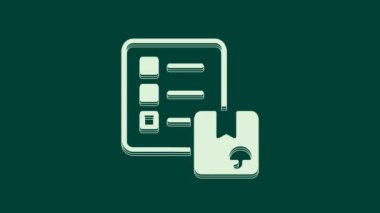 Dağıtım listesi simgesinin beyaz doğrulaması yeşil arkaplanda izole edildi. 4K Video hareketli grafik canlandırması.