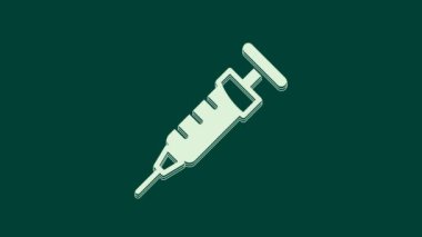 Yeşil arka planda beyaz şırınga ikonu izole edildi. Aşı için şırınga, aşı, iğne, grip aşısı. Tıbbi ekipman. 4K Video hareketli grafik canlandırması.