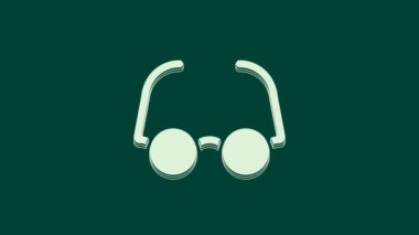 Yeşil arkaplanda beyaz gözlük simgesi izole edildi. Gözlük çerçevesi sembolü. 4K Video hareketli grafik canlandırması.