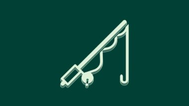 Yeşil arkaplanda beyaz balık oltası simgesi izole edildi. Büyük bir balık yakala. Balıkçılık ekipmanları ve balık çiftliği konuları. 4K Video hareketli grafik canlandırması.