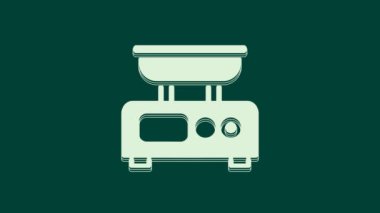 Beyaz Elektronik ölçek simgesi yeşil arkaplanda izole edildi. Ağırlık ölçüm aletleri. 4K Video hareketli grafik canlandırması.