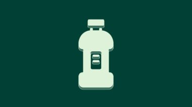 Çamaşır deterjanı, çamaşır suyu, bulaşık deterjanı ya da yeşil arka planda izole edilmiş başka bir temizlik malzemesi için beyaz plastik şişe. 4K Video hareketli grafik canlandırması.
