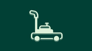 Yeşil arka planda beyaz çim biçme makinesi simgesi izole edildi. Çim biçme makinesi çim biçiyor. 4K Video hareketli grafik canlandırması.