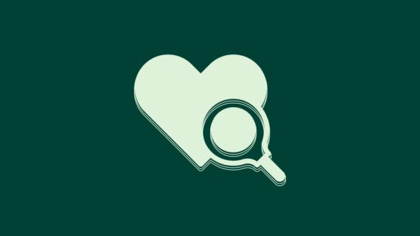 白色医学心脏检查图标隔离在绿色背景 心脏放大镜搜索 4K视频运动图形动画 — 图库视频影像