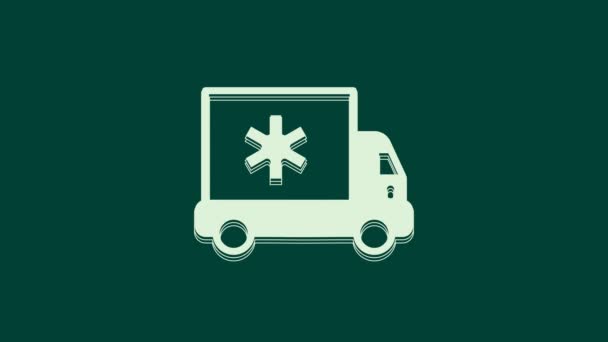 緑の背景に隔離されたホワイト救急車と緊急車のアイコン 救急車医療避難 4Kビデオモーショングラフィックアニメーション — ストック動画