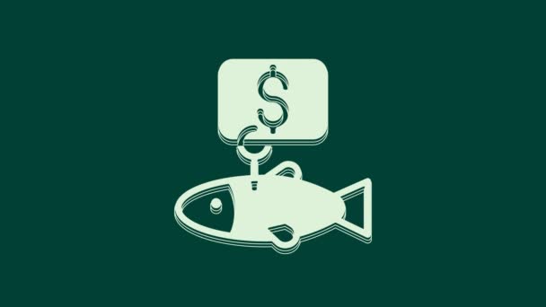White Price Tag Fish Icon Isolated Green Background Video Motion — Vídeo de Stock