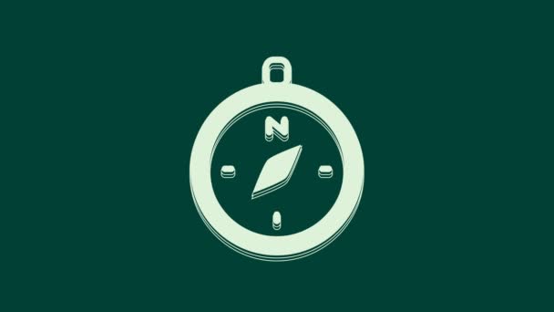 Ikona White Compass Izolovaná Zeleném Pozadí Windrose Navigační Symbol Znamení — Stock video