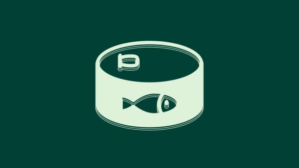 Biała Ikona Ryby Puszce Izolowana Zielonym Tle Animacja Graficzna Ruchu — Wideo stockowe