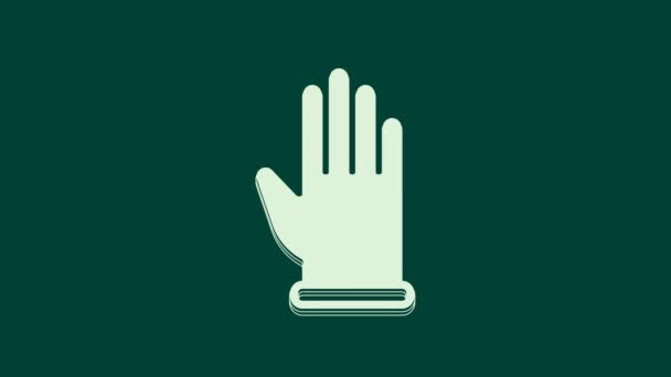 緑の背景に隔離された白いゴム手袋のアイコン ラテックスの手の保護記号 清掃機器のシンボル 4Kビデオモーショングラフィックアニメーション — ストック動画