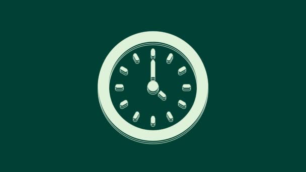 Icona Orologio Bianco Isolato Sfondo Verde Simbolo Temporale Animazione Grafica — Video Stock