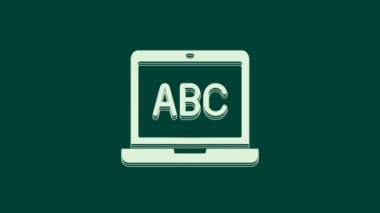 Yeşil arkaplanda beyaz dizüstü bilgisayar simgesi izole edildi. Boş ekran işaretli bilgisayar defteri. 4K Video hareketli grafik canlandırması.