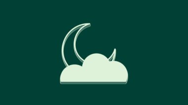 Beyaz Ay ve yıldız ikonu yeşil arkaplanda izole edildi. Bulutlu gece işareti. Uyku rüyalarının sembolü. Dolunay. Gece ya da yatak zamanı tabelası. 4K Video hareketli grafik canlandırması.