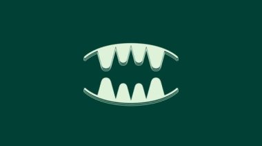 Beyaz Vampir dişleri ikonu yeşil arka planda izole edilmiş. Mutlu Cadılar Bayramı Partisi. 4K Video hareketli grafik canlandırması.
