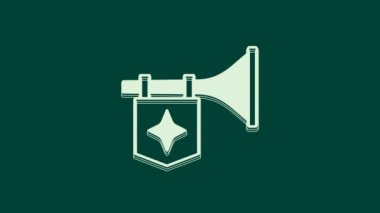 Yeşil zemin üzerinde bayrak simgesi olan beyaz trompet. Müzik aleti trompeti. 4K Video hareketli grafik canlandırması.