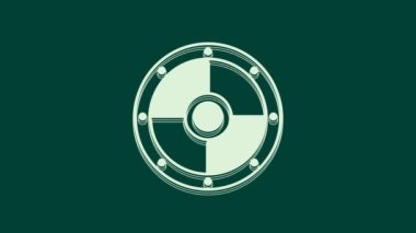 Beyaz yuvarlak ahşap kalkan ikonu yeşil arka planda izole edildi. Güvenlik, güvenlik, koruma, mahremiyet, koruma kavramı. 4K Video hareketli grafik canlandırması.