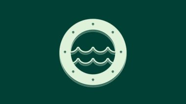 Perçin ve deniz manzaralı beyaz gemi penceresi yeşil arka planda izole edilmiş. 4K Video hareketli grafik canlandırması.