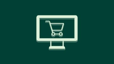 Beyaz alışveriş arabası yeşil arka planda izole edilmiş monitör ikonunda. Konsept e-ticaret, e-ticaret, online iş pazarlama. 4K Video hareketli grafik canlandırması.
