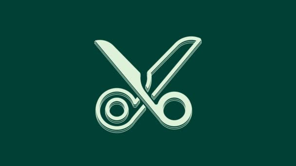 White Scissors Icon Isolated Green Background Cutting Tool Sign Video — Stock Video
