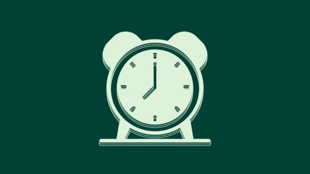 Weißes Weckersymbol Isoliert Auf Grünem Hintergrund Aufwachen Aufstehen Zeitzeichen Video — Stockvideo