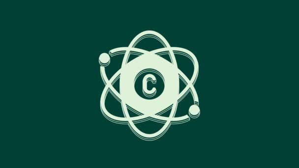 緑色の背景に分離されたホワイトアトムアイコン 核物理学 科学研究の象徴 4Kビデオモーショングラフィックアニメーション — ストック動画