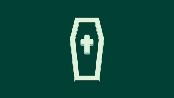 Biała Trumna Ikoną Krzyża Chrześcijańskiego Odizolowana Zielonym Tle Wesołego Halloween — Wideo stockowe