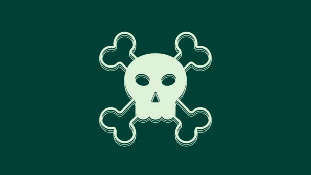 Weißer Totenkopf Auf Kreuzknochen Symbol Isoliert Auf Grünem Hintergrund Frohe — Stockvideo