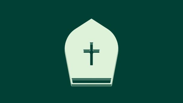 緑の背景に隔離された白い法王の帽子のアイコン クリスチャンの帽子のサイン 4Kビデオモーショングラフィックアニメーション — ストック動画