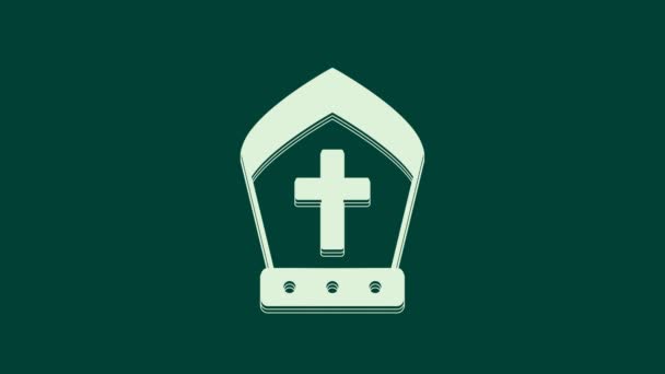 White Pope Hat Icon Isolated Green Background Christian Hat Sign — Stock Video
