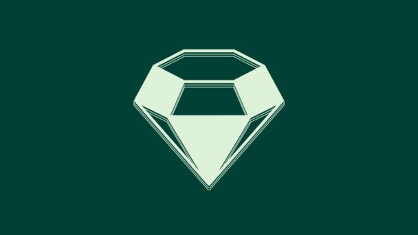 緑色の背景に分離されたホワイトダイヤモンドアイコン ジュエリーシンボル 宝石だ 4Kビデオモーショングラフィックアニメーション — ストック動画