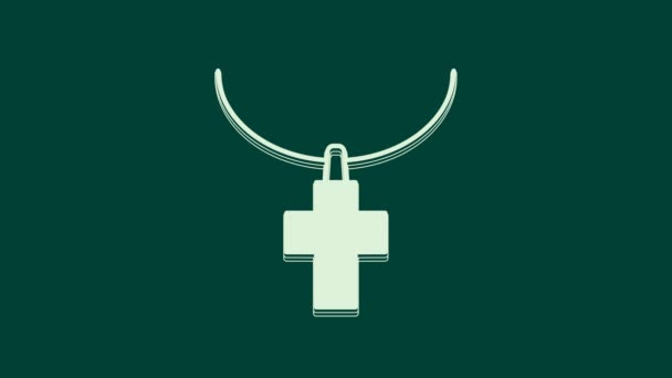 Weißes Christliches Kreuz Auf Kettensymbol Isoliert Auf Grünem Hintergrund Kirchenkreuz — Stockvideo