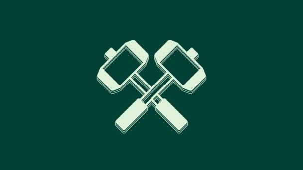 White Medieval Crossed Battle Hammers Icon Isolated Green Background Video — Stock Video