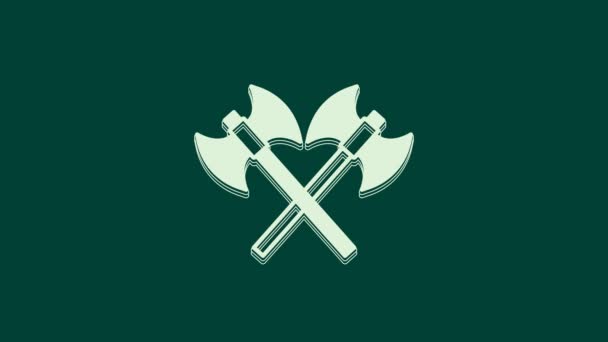 緑の背景に隔離されたホワイトクロス中世軸アイコン 戦闘斧 死刑執行斧 中世の武器 4Kビデオモーショングラフィックアニメーション — ストック動画